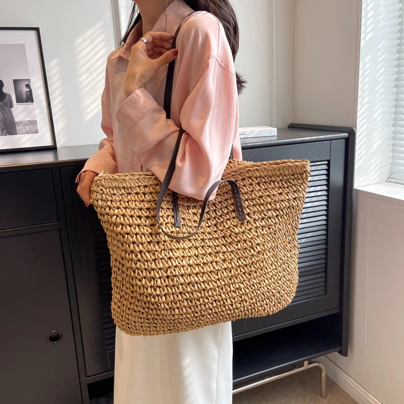 Futurecen Luxury Design Straw Woven Tote Bags For Women Large Capacity Shoulder Beach Bag Pure Color Summer New Big Shopping Handbag