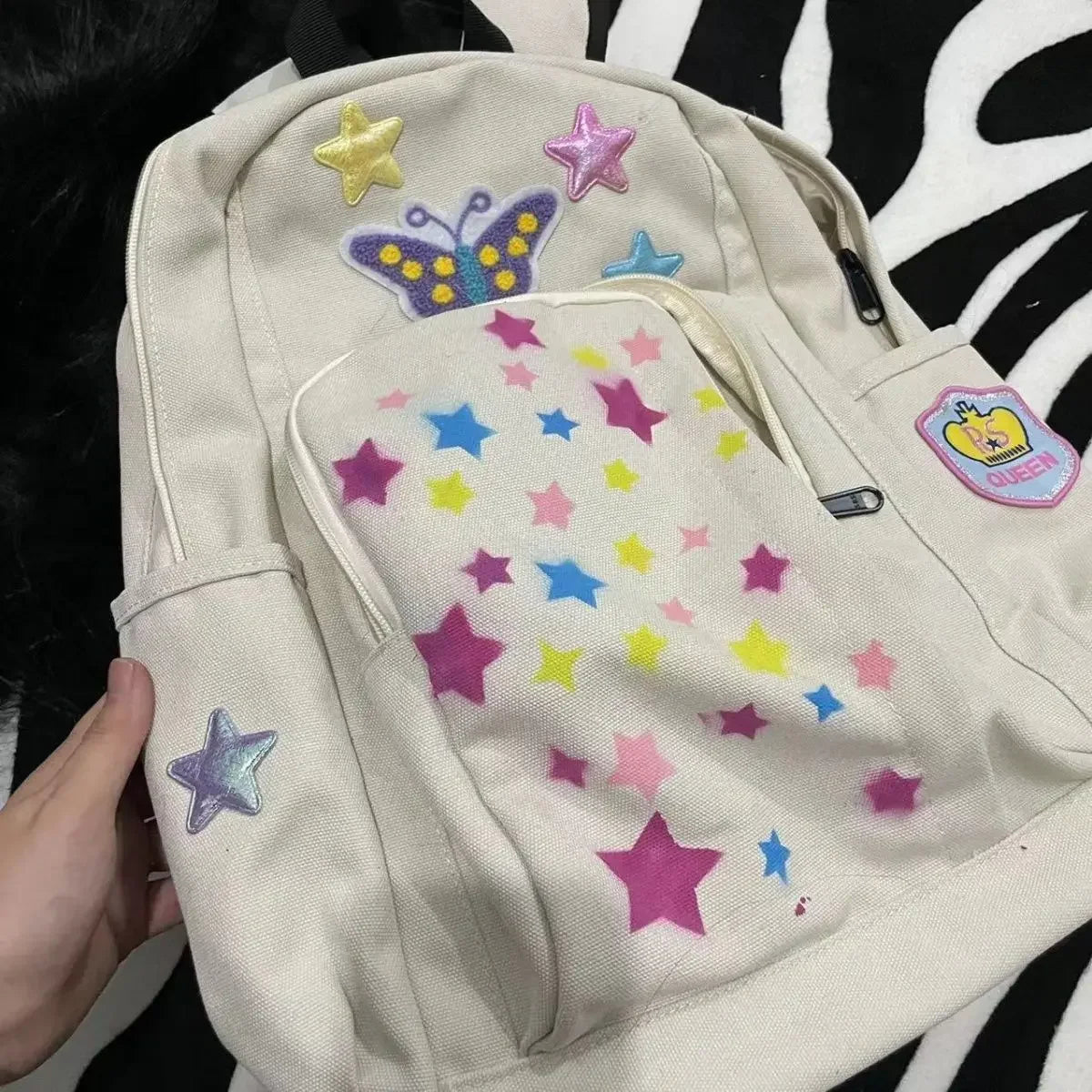 Futurecen  -  fancy bags Korean Y2k Butterfly Star Print Aesthetic High-capacity Backpacks Casual Cute Cool Canvas Bag Sweet Trendy Girl Schoolbags