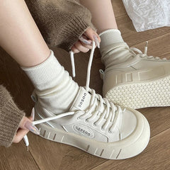 Futurecen Women Little White Shoes Advanced Versatile Thick Bottom Casual Sneakers  New Solid Color Lace-up Sports Board Shoes Women