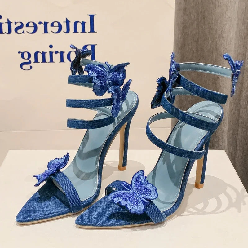 Futurecen Sexy Denim Butterfly-knot Thin Heels Women Sandals Hollow Out Ankle Strappy Shoes Summer Pointed Toe Zapatos Mujer