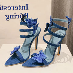 Futurecen Sexy Denim Butterfly-knot Thin Heels Women Sandals Hollow Out Ankle Strappy Shoes Summer Pointed Toe Zapatos Mujer