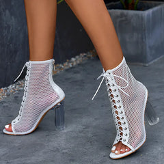 Futurecen Spring Autumn Sexy Peep Toe Transparent High Heels Dance Shoes Ankle Boots Women Roma Style Mesh Hollow Out Cross Lace-Up Sandal