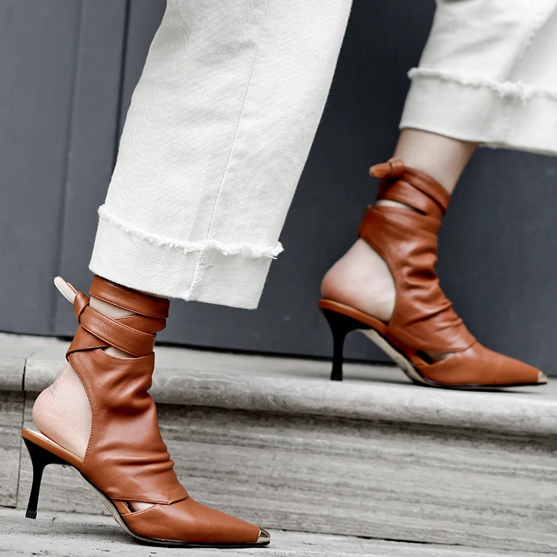 New Pointed Toe Slingback Ankle Boots Brown Slingback Strappy Breathable Cool Boots High Heels Sexy Ladies Dress Women'S Boots