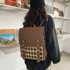 Preppy Style Plaid Backpack Women Harajuku Vintage Rhombic Lattice Jk Brown Backpacks Ladies Retro School Bag Aesthetic