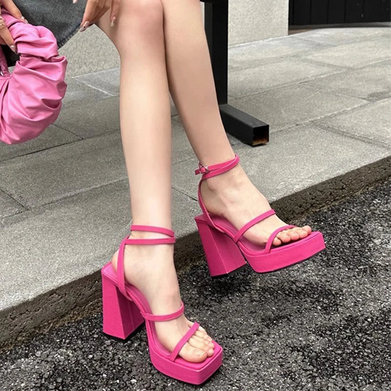 2024 Summer Platform Women Sandals Fashion Elegant Narrow Band Thick High Heel Shoes Ladies Outdoor Party Dress Sandal