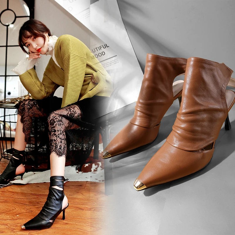 New Pointed Toe Slingback Ankle Boots Brown Slingback Strappy Breathable Cool Boots High Heels Sexy Ladies Dress Women'S Boots