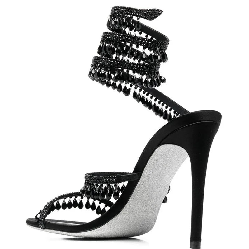 Futurecen Fashion Crystal Pendant Tassels Women Sandals Sexy Snake Coiled Stiletto High heels Gladiator sandals Summer Wedding Party Shoes