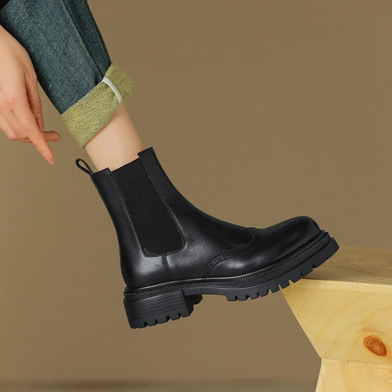 Futurecen NEW Autumn Boots Women Split Leather Shoes for Women Round Toe Chunky Heel Women Boots Winter Black Chelsea Boots