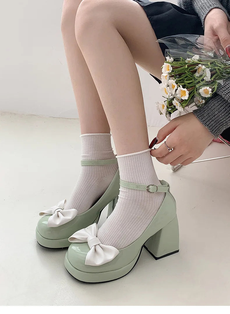 Futurecen Thick heels, high heels, women's spring and autumn new French Marijane shoes with bow  wedding shoes bride