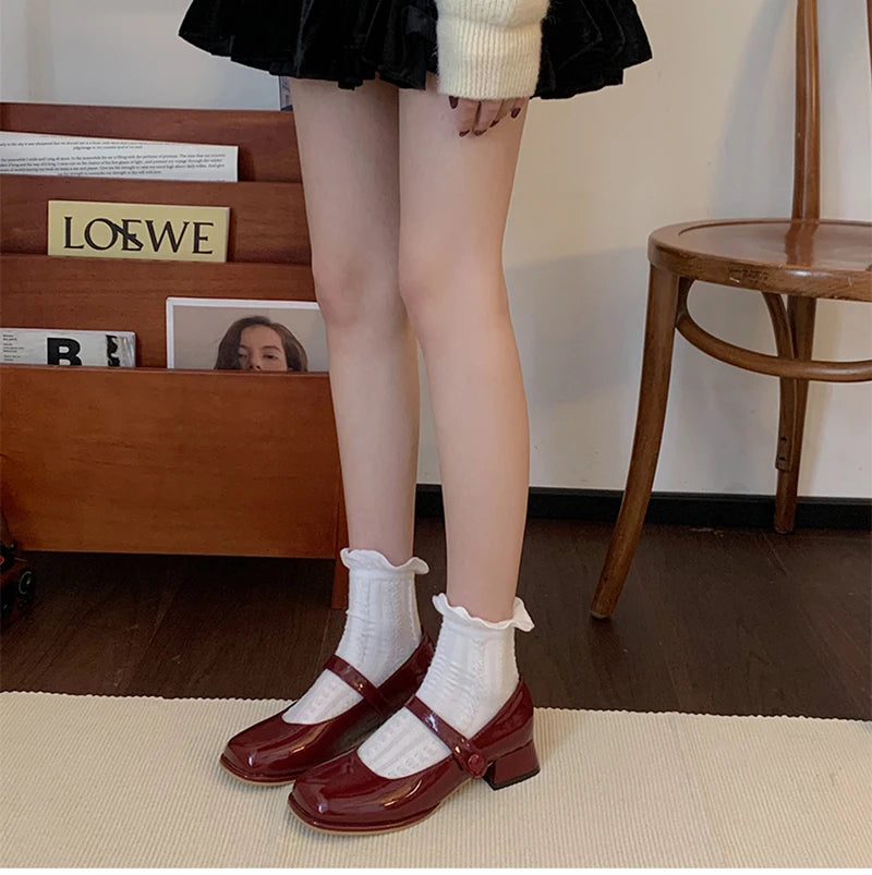 Futurecen New Women Mary Jane Shoes Fashion Square Toe Shallow Ladies Elegant Dress Single Leather Shoes Square Heel Sandal