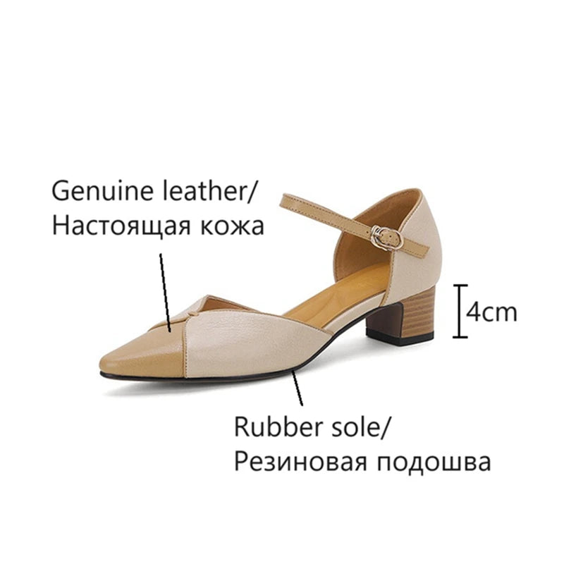 Futurecen  -  NEW Summer Women Sandals Genuine Leather Shoes for Women Cover Toe Chunky Shoes Pointed Toe Cover Heel Sandals Mixed Color Shoes