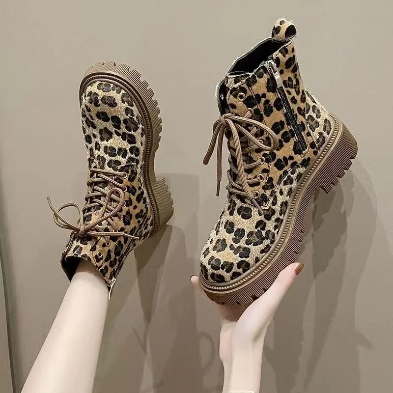 Futurecen  -  Women Leopard Print Autumn/winter Thick Soled Lace Up Fashion Boot Platform Comfort Waterproof Non Slip 42 Size Ankle Boots