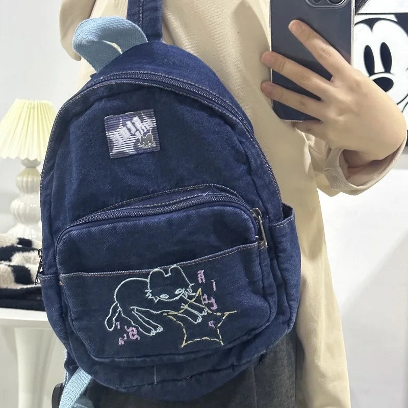 Futurecen  -  fancy bags Fashion Small Denim Backpack Kawaii Cat School Bag Mini Cute Schoolbag Deep Blue Backpacks Aesthetic Japanese Preppy Book Bags