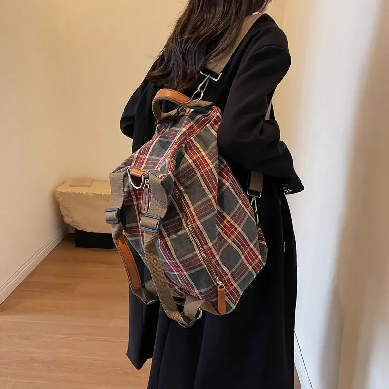 Futurecen  -  fancy bags Korean High-capacity Sport Travel Handbag Commuter Crossbody Bag Preppy Casual Plaid Canvas School Backpack Vintage Y2k backpack