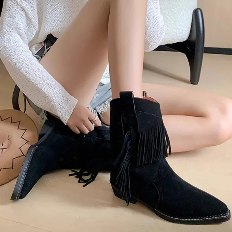 Futurecen  -  Fashion Western Cowboy Boots Women Solid Color Fringe Pointed Toe Ankle Boots  New Retro Designer Female Low Heel Overshoes