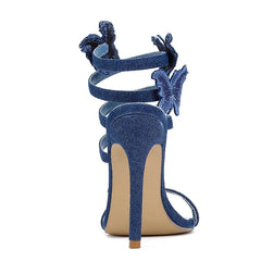 Futurecen Sexy Denim Butterfly-knot Thin Heels Women Sandals Hollow Out Ankle Strappy Shoes Summer Pointed Toe Zapatos Mujer