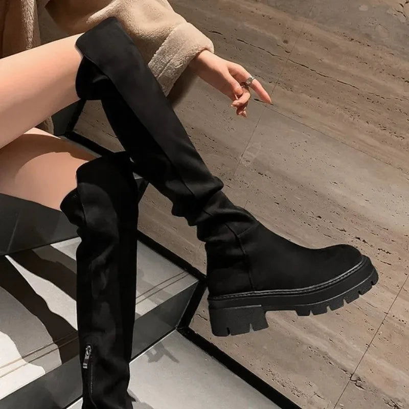 Futurecen  -  Women Temperament Long Boots New Knee High Simplicity Shoes Autumn Winter Platform Suede Knight Boots Designer Fashionable