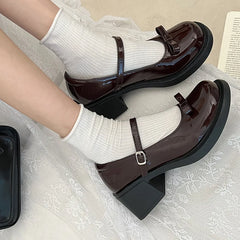 Vintage High Heel Mary Jane Shoes for Women &nbsp;New Summer Bow Brown Round Head English Style Small Leather Shoes