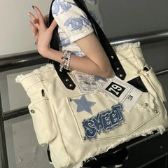 Futurecen  -  fancy bags Girls Y2k White Shoulder Bags Large Capacity Star Pattern Grunge Tote Handbag Korean Style Women’s Summer Cool Hiphop Pack Ins