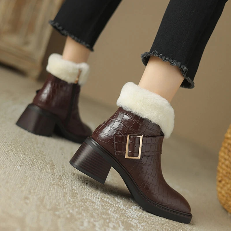 Futurecen NEW Winter Women Boots Round Toe Chunky Heel Ankle Boots Split Leather Shoes for Women Warm Wool Boots Women Platform Snow Boots