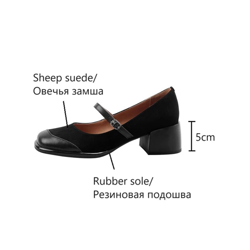 Futurecen  -  NEW Spring Women Shoes Square Toe Chunky Heel Shoes Sheep Suede Leather Shoes for Women Retro Black Women Pumps Brown Mary Janes