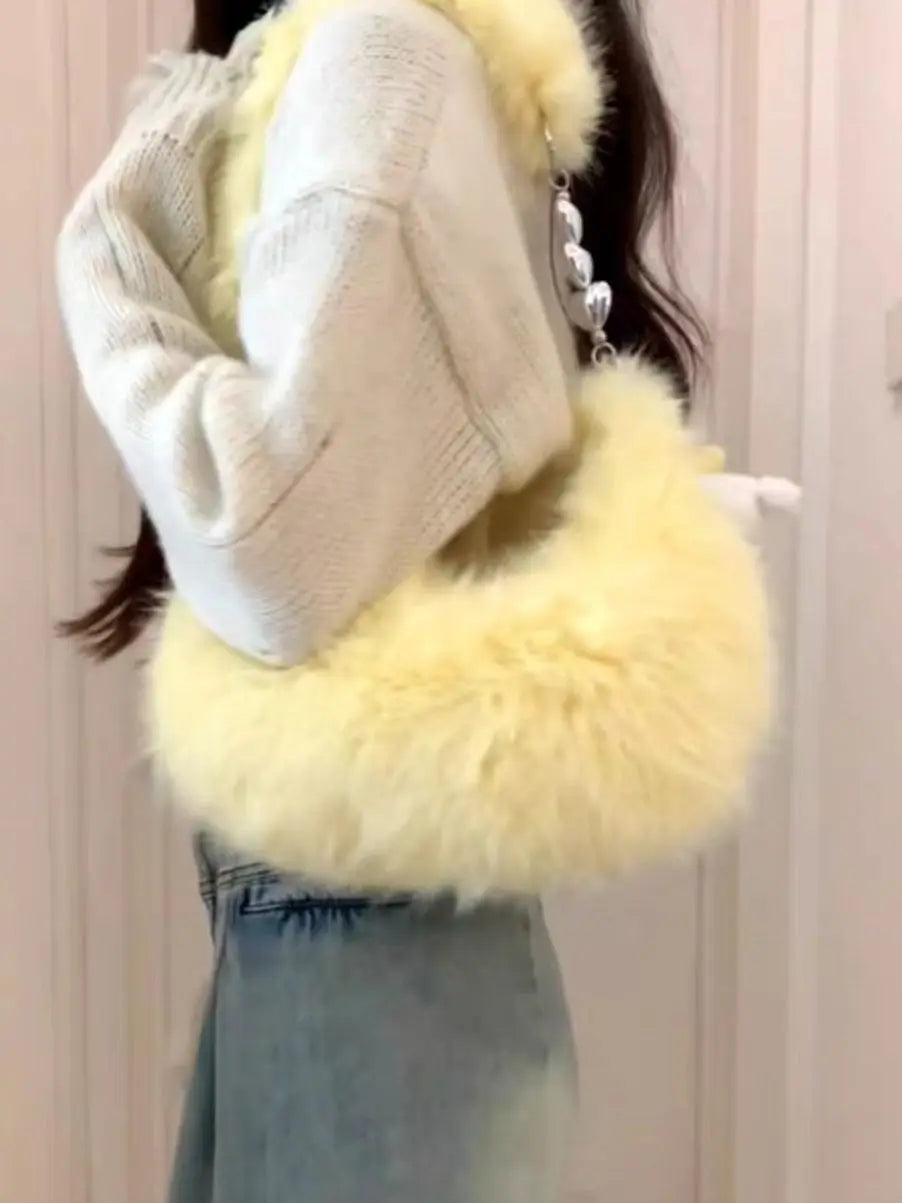 Futurecen  -  fancy bags Fluffy Y2k Girls Star Shoulder Bag Korean Fashion Kawaii Half Moon Handbag Designer Women Cute Plush Underarm Purse Winter New