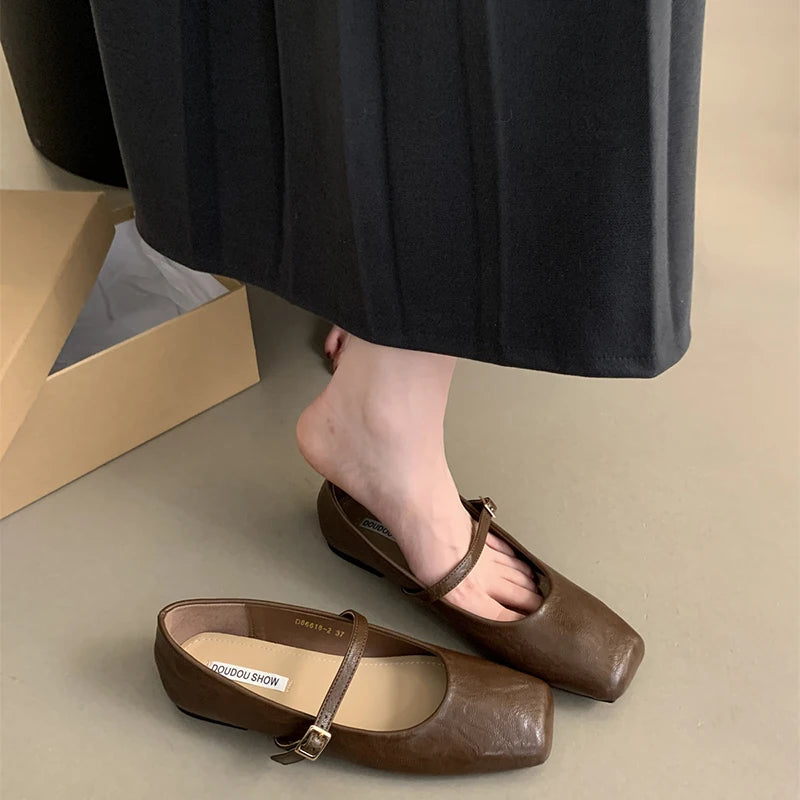 Futurecen Vintage Spring Women Mary Jane Shoes Fashion Ladies Casual Soft Sole Flats Women's Comfort Square Toe Grandma's Shoes