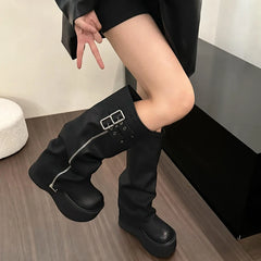 Futurecen Chunky Women Knight High Boots Fashion Platform Flats Trouser Long Booties Autumn Winter Female Western Cowboy Shoes