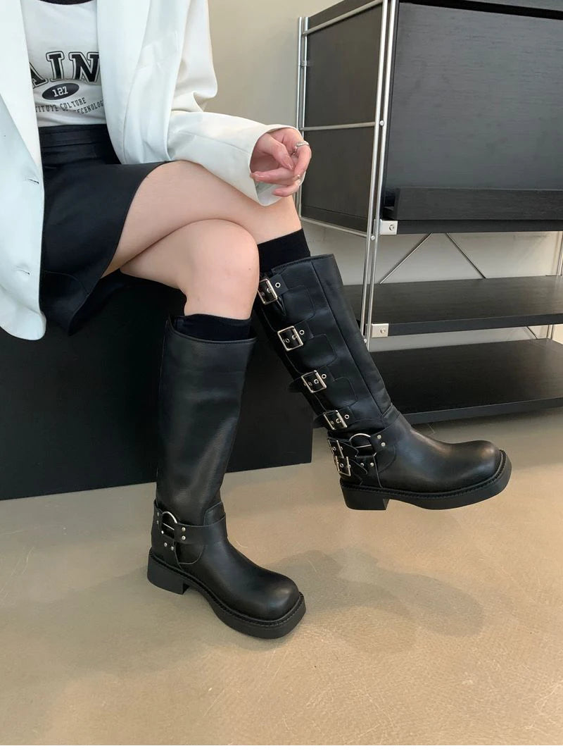 Futurecen Winter High Women Boots Fashion Metal Decoration Knee High Boots 2024 Female Autumn Winter Girl's Knight Boots Shoes