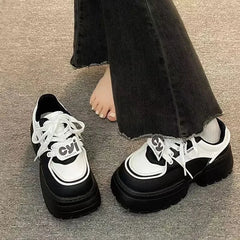 Futurecen  -  Pu Leather Lace-up Loafers Black White Heightening Small Leather Shoes Thick Sole Sneakers for Women