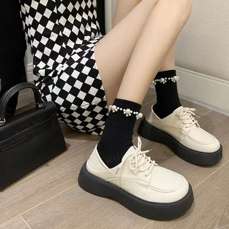 Futurecen  -  Small Leather Shoes Women New Single Shoe Platform Muffin Tie Round Head Fashion Mary Jane Shoes Women's Shoes