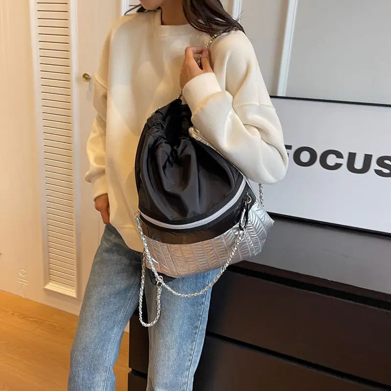 Futurecen  -  fancy bags Women Nylon Backpack String Korean Fashion Silver Commuter Bags Design Patchwork Travel Bag Color Constrast Lady School Backpack