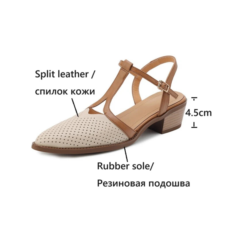 Futurecen  -  NEW Summer Women Sandals Split Leather Shoes for Women Simple Pointed Toe Chunky Heel Shoes Cover Toe Slingback Designer Sandals