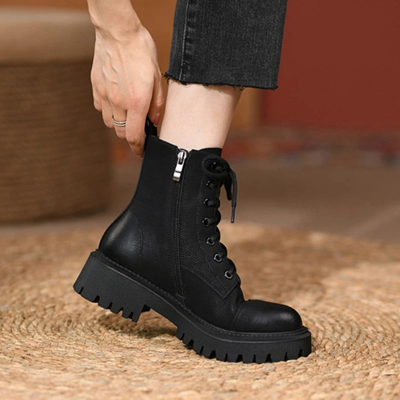 Futurecen  -  HOT Fall Shoes Round Toe Thick Heel Women Shoes Winter Women Boots Split Leather Boots Casual Platform Boots Motorcycle Boots