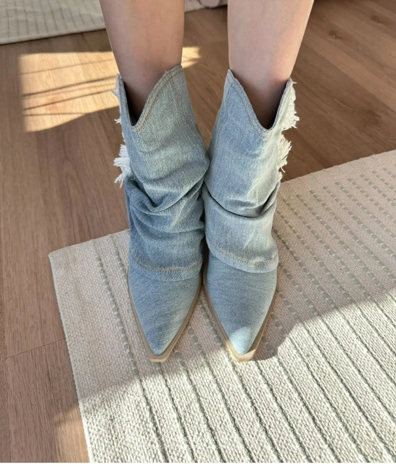 Futurecen Pointed Toe Denim Women Western Cowboy Boots Fashion Slip On Short Booties Retro Style Autumn Winter Female Shoes