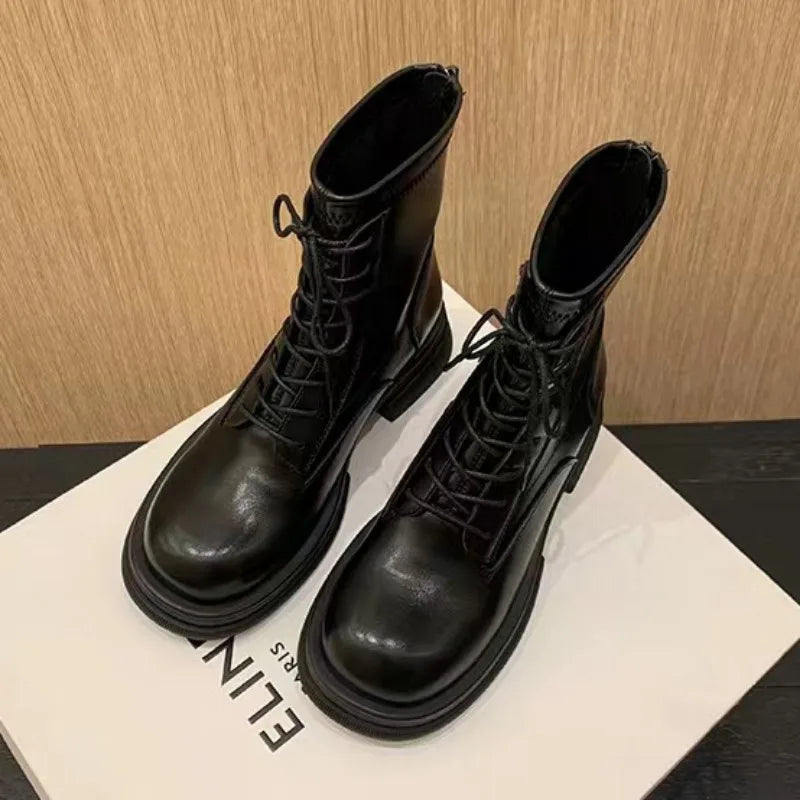 Futurecen  -  Women Rear Zipper Leather Boots Antiskid Lace Up High Top Elastic Boots New Retro Round Toe Chunky Heel Flat Shoes Korean