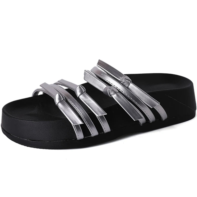 Futurecen Designer Summer Woman Slippers Fashion Open Toe Platform Flats Silvery Ladies Outdoor Beach Vacation Sandal