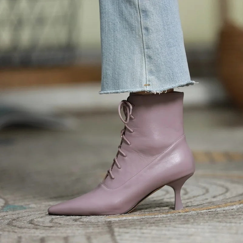 Futurecen Woman Ankle Boots Thin Heel Shoes Lace-Up Winter Boots Korea Style Women Shoes On Heel 6.5 CM Cowhide Ladies Shoes Pointed Toe