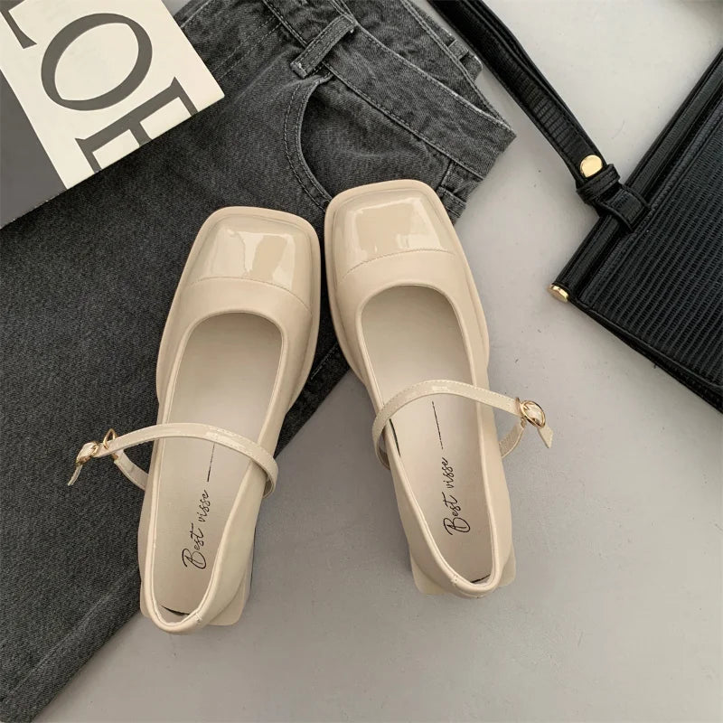 Futurecen  -  Designer Women Mary Jane Shoes Spring Leahter Shoes Fashion Buckle Female Square Head Toe Mid Heel Elegant Woman Pumps