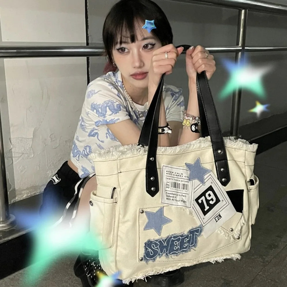 Futurecen  -  fancy bags Girls Y2k White Shoulder Bags Large Capacity Star Pattern Grunge Tote Handbag Korean Style Women’s Summer Cool Hiphop Pack Ins