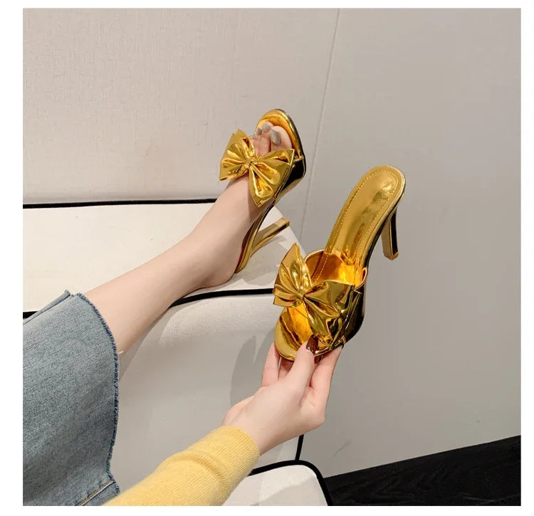 Futurecen Fashion Gold Silver Pointed Toe Women Slippers Sexy Design Butterfly-knot Thin High Heels Stripper Slides Shoes