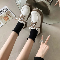 Futurecen  -  New Spring Casual Women Loafers Leather British Style Women Shoes Lace-up Platform Student Girls Shoes