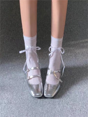 Futurecen  NEW Elegant Silver Ballet Shoes Lady Sweet Mary Jane Thick High-heeled Shoes Heels Retro Footwear Lolita Shoes