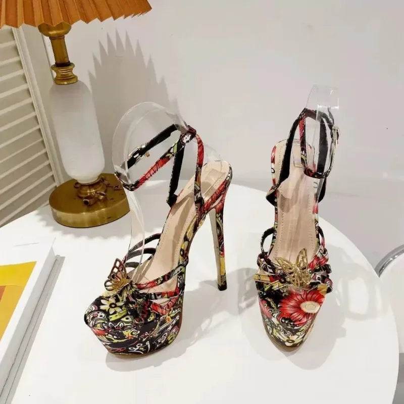 Futurecen  -  New Sexy Ultimate Slim High-heeled Women Sandals Designer Floral Color Retro Personality Stripping Shoes Women High-heeled Shoes