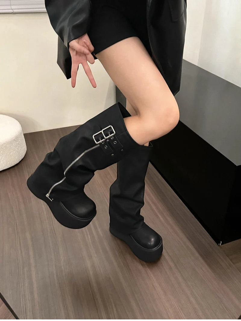 Futurecen Chunky Women Knight High Boots Fashion Platform Flats Trouser Long Booties Autumn Winter Female Western Cowboy Shoes