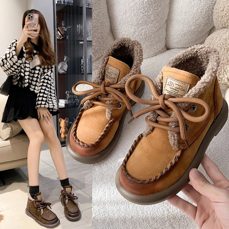 Futurecen Boots Female Women Shoes  New Round Toe Lace-up Ankle Boots Women Flats Plush Warm Cotton Shoes Winter Casual Basic Retro PU