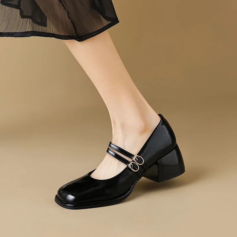 Futurecen Large Size 34-43 Mary Jane Shoes Women Block Heel Patent Leather Black Shoes