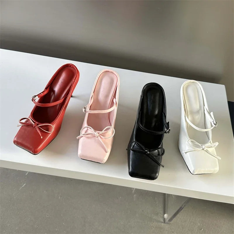 Futurecen  New Design Bowknot Square Toe Women Pumps Sexy Buckle Strap Thin High Heels Banquet Prom Mule Slippers Shoes