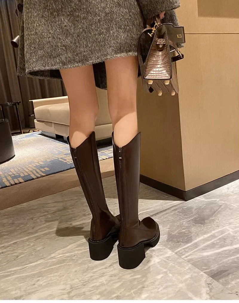 Futurecen Winter Women Knee High Boots Fashion Platform Ladies Elegant Square High Heel Long Knight Booties Winter Women's Footwear