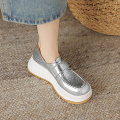 Futurecen NEW Autumn Women Loafers Genuine Leather Shoes for Women Round Toe Thick Heel Shoes Casual Platform Hook&loop Silver Shoes Women